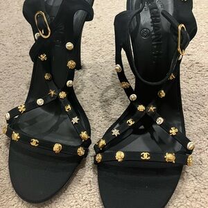 CHANEL Black and Gold Studded Logo Charm Sandals Heels 39